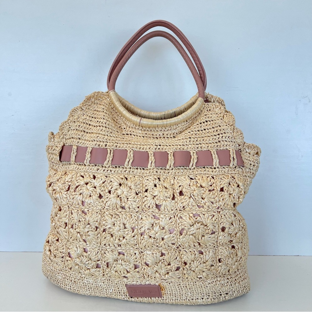 RED VALENTINO Cream Crochet Raffia Pink Mauve Leather Bow Shoulder Bag Tote - Picture 8 of 16
